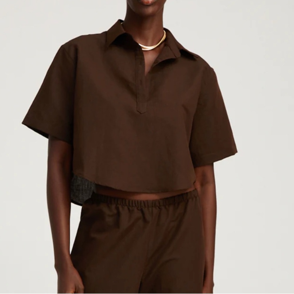 NWT Sprwmn Cropped Henley Americano Brown Top XS